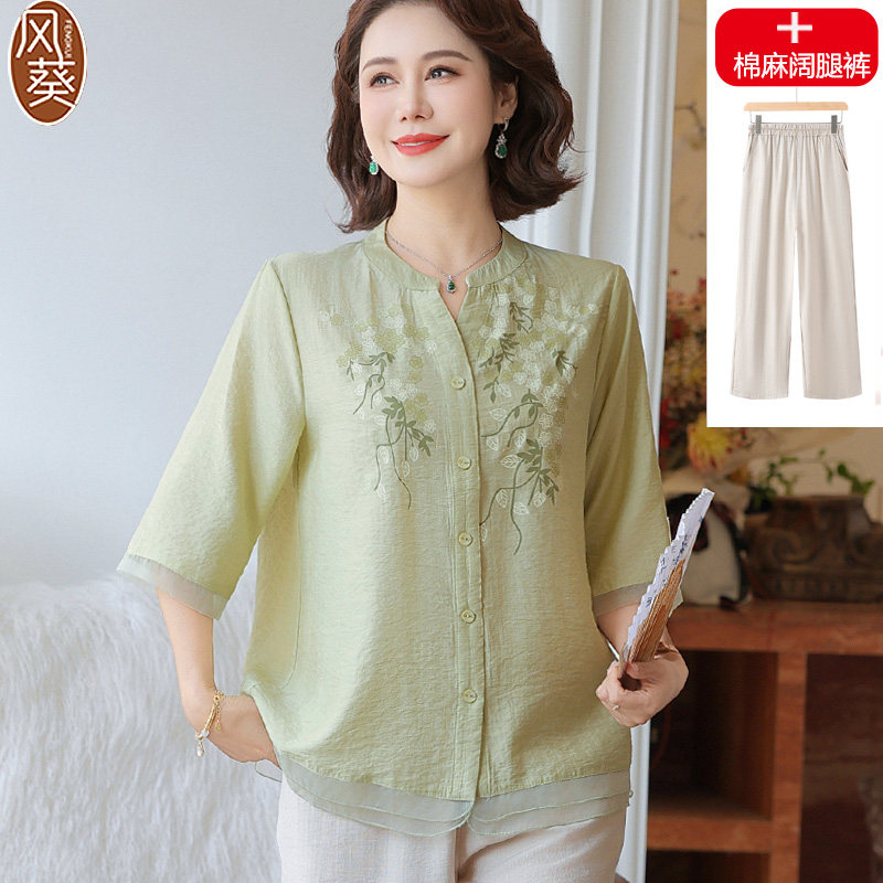 妈妈夏装中袖棉麻上衣套装洋气高端2025新款中年女士宽松亚麻衬衫