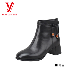 意尔康2025冬季真皮短靴女粗跟时装靴百搭侧拉链女靴子AM15767M