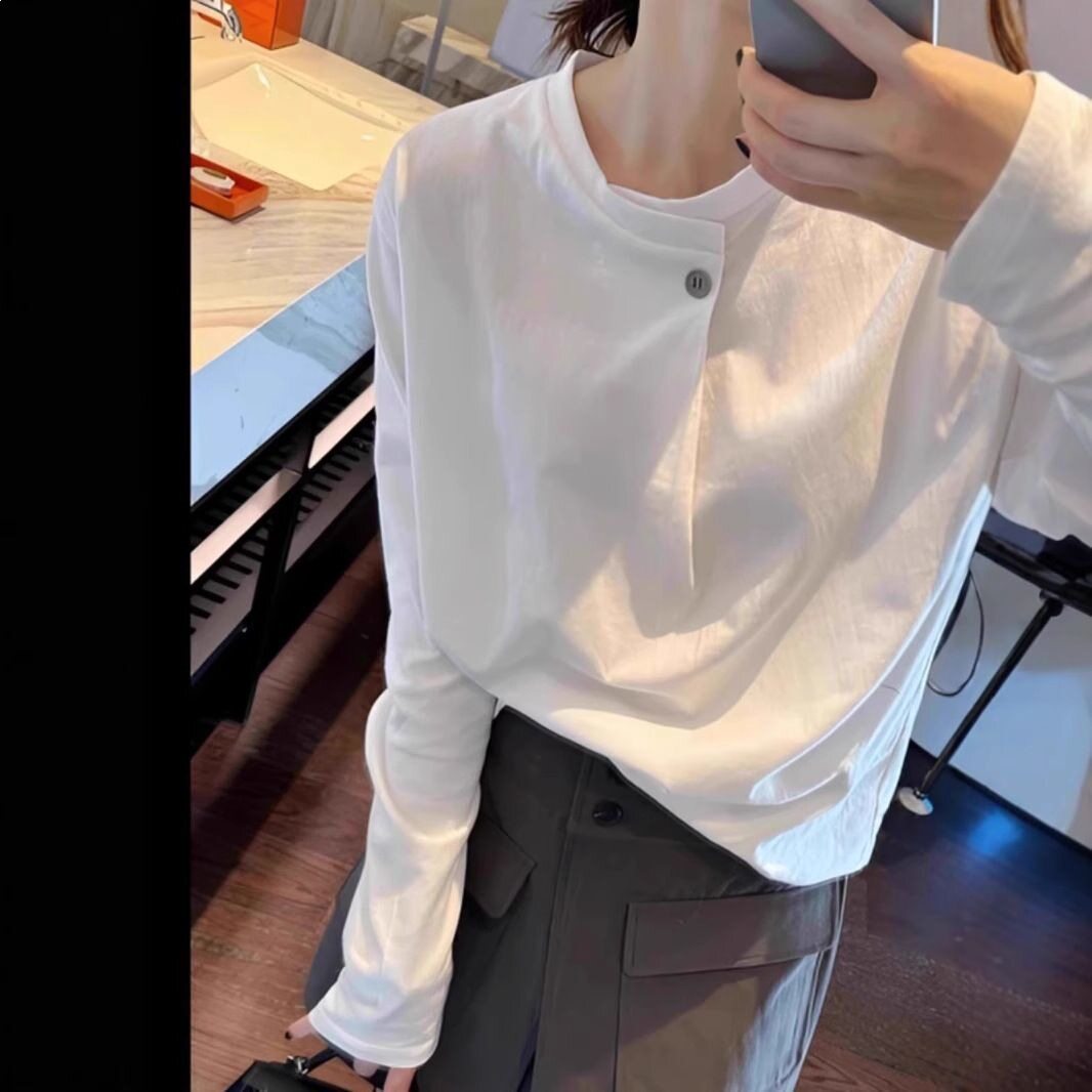 纯棉正肩白色长袖t恤女2026春秋季宽松百搭慵懒打底衫大码上衣女