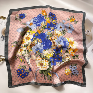 植物花卉丝巾女围巾薄款春夏秋冬季披肩领巾菱形格子围巾方巾C字