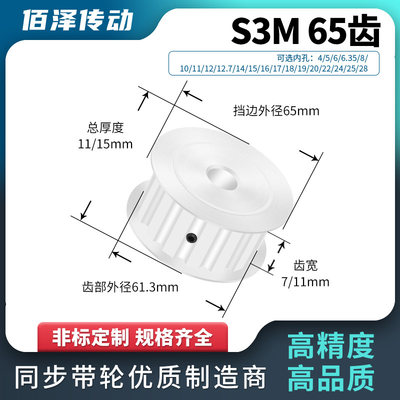 同步轮S3M65齿AF齿宽7/11内孔14156171819同步带轮马达传动皮带轮