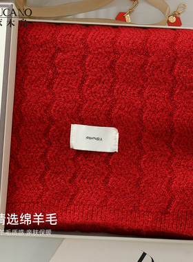 啄木鸟波浪纹软糯红色羊毛针织围巾女冬季复古保暖新年圣诞小围脖