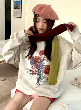 喜士潮社AGXS美式复古秋冬宽松加绒玫瑰花圆领百搭卫衣男女情侣装