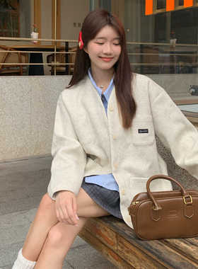 AGXS基础花灰色百搭简约单排扣开衫夹克大口袋男女外套