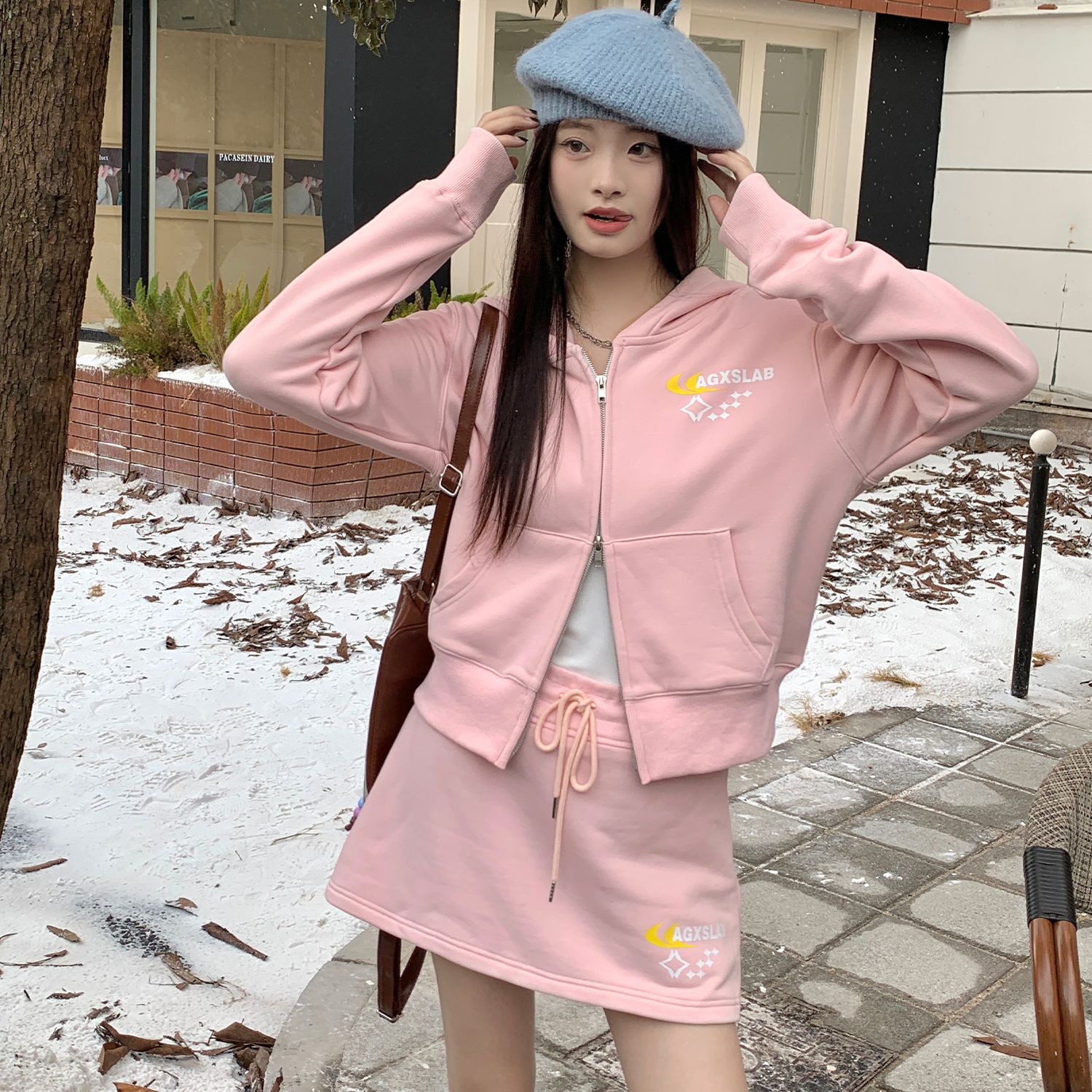AGXS短款双拉链卫衣休闲套装