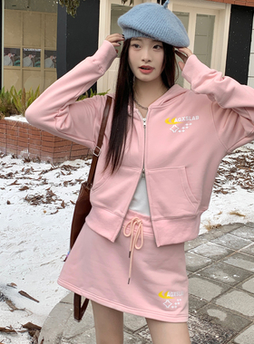 喜士潮社AGXS秋冬短款双拉链印花外套女新款秋季百搭套装包臂裙