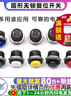按键开关按钮点动开关R13-507 16MM圆形无锁自复位开关红色绿 2个