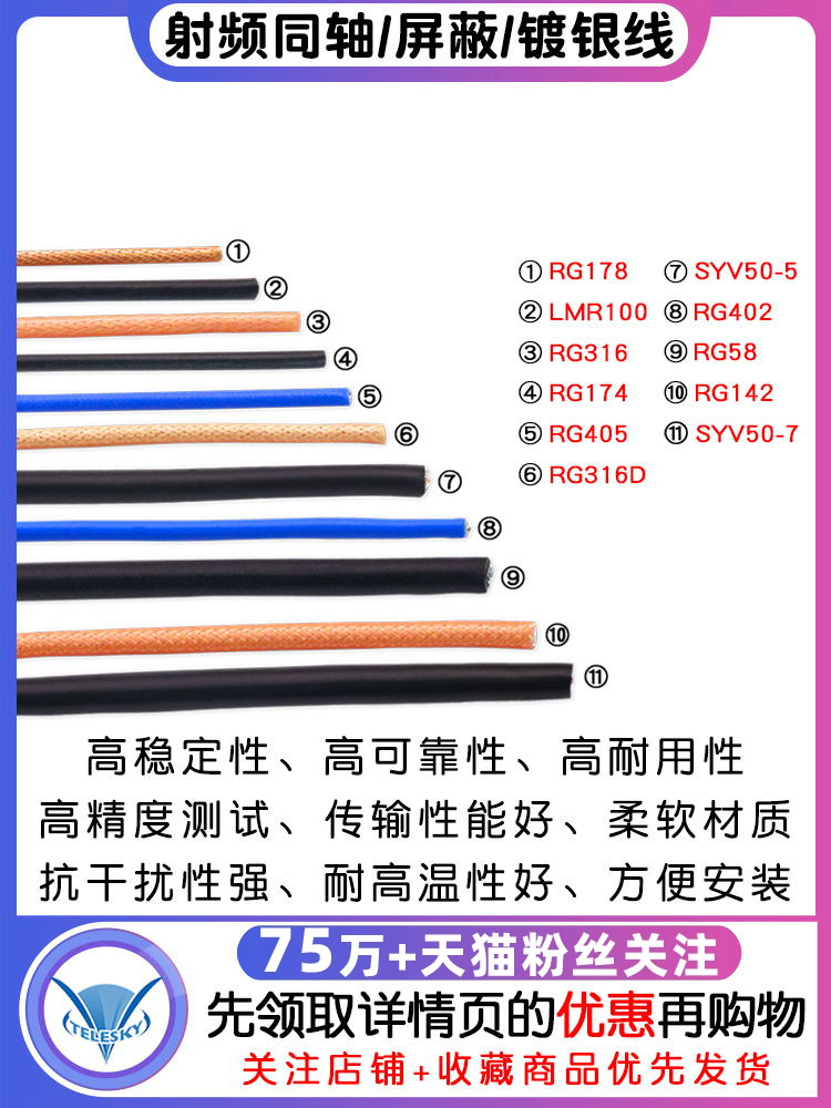 Rg142 Rg58 Rg316/174 Rf1.13 Syv50-5-7射频同轴线屏蔽线镀银线