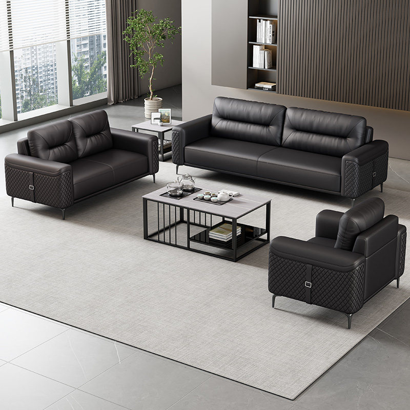 办公室沙发茶几组合套装简约现代商务会客接待室休息真皮三人位