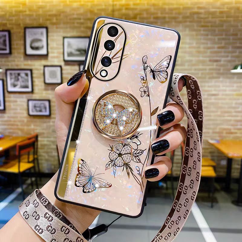 荣耀70手机壳女曲面屏防摔镶钻honor70pro硅胶保护套挂绳华为70pro+带旋转支架FNE-AN00网红时尚轻薄高档软壳