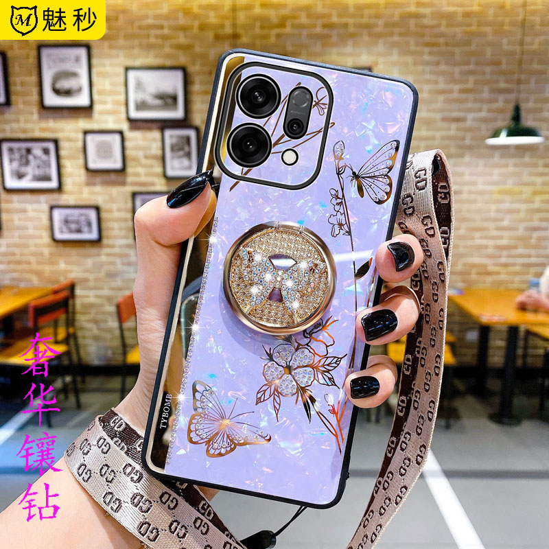 适用opporeno14手机壳新款闪钻蝴蝶支架Reno14pro磨砂防滑硅胶保护套女时尚亚克力潮带挂绳全包防摔软边外壳
