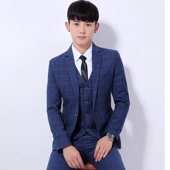 修身 新郎结婚礼服职业小西装 休闲格子西服套装 三件套秋季 男士 韩版