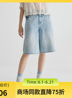 谜底牛仔裤女2025夏季新品复古风釉彩艺术五分牛仔裤子252MK0579