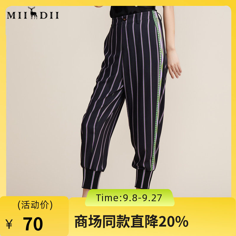 谜底2022春秋新款竖条纹休闲松紧腰束脚天丝直筒长裤女221MK0042图片