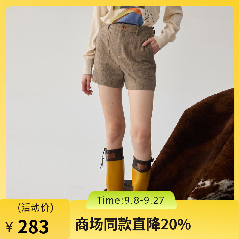 谜底西装短裤女2024冬新品复古风羊毛混纺条纹直筒短裤244MK1580图片