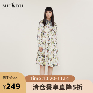 感领结设计长裙224ML1696 复古X型印花连衣裙时尚 谜底2022冬季 新款