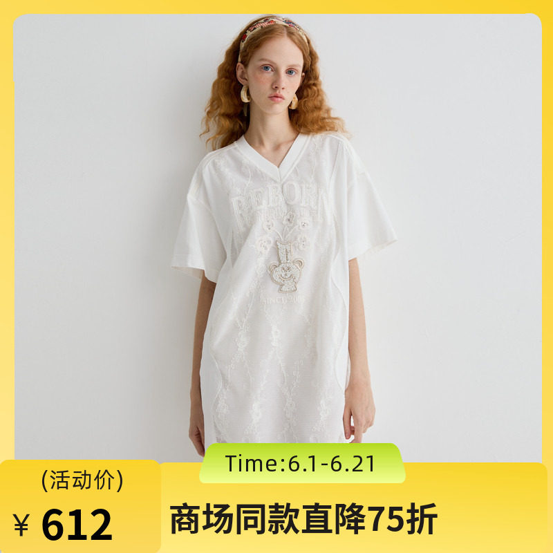 谜底连衣裙短袖女2025夏新品日常绣花T恤裙宽松H型短裙252ML0641