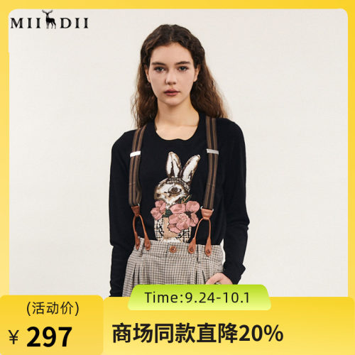 谜底圆领套头针织衫女2024春款学院风绣花合体亲肤毛衫241MZ0357