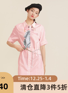 谜底2022夏季新款时尚小恐龙印花桑蚕丝棉短衬衫连衣裙222ML0728