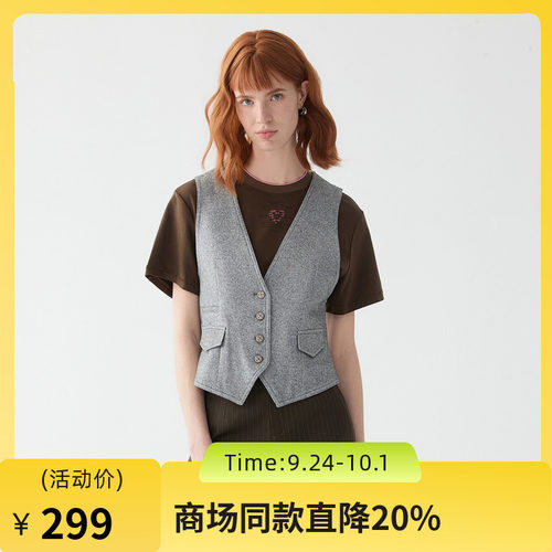 谜底西装马甲女2025秋季新款复古风V领修身高腰短款马夹257MM7727