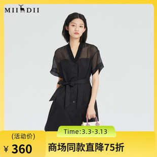 谜底2023夏季新款复古质感舒适收腰显瘦短袖拼接连衣裙235ML6044