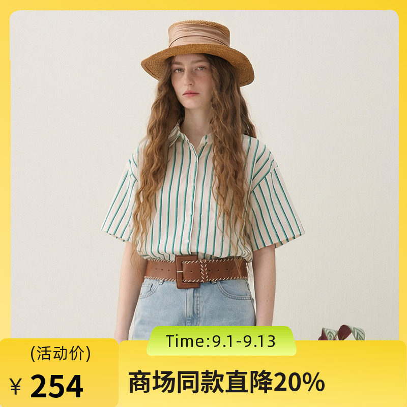 谜底条纹衬衫短袖女2025夏款复古文艺短款宽松百搭衬衣257MC7846图片