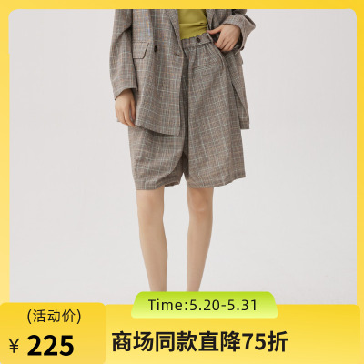 谜底格纹五分裤女士2024秋新品通勤风复古高腰透气裤子243MK1125