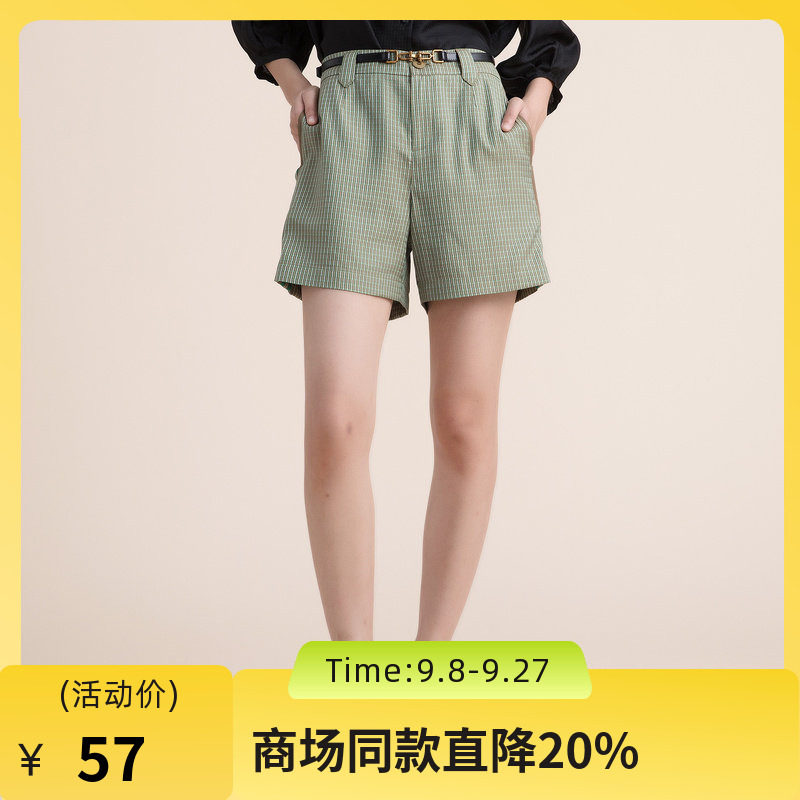 谜底夏季复古文艺休闲简约撞色拼接醋酸高腰短裤女222MK0731图片