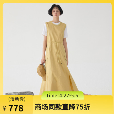 谜底连衣裙无袖女2025春款工装风圆领大口袋大摆裙长裙251ML0135