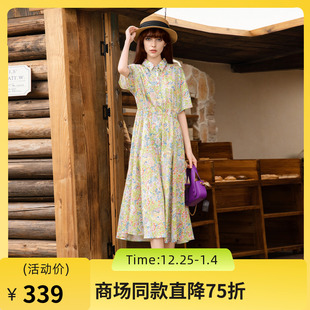 式 谜底碎花连衣裙短袖 度假风衬衫 新款 收腰长裙257ML7832 2025秋季