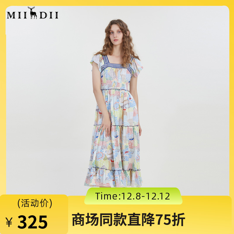 谜底复古花色连衣裙短袖