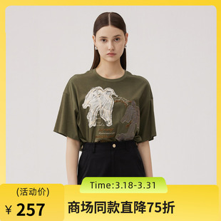 复古百搭宽松上衣243MT0962 女士2024秋新品 谜底绣花中长款 T恤短袖