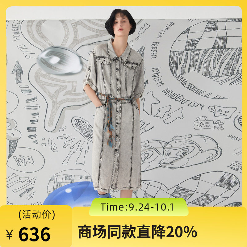 谜底牛仔连衣裙短袖2025春新品复古风H型衬衫式中长裙子251ML0148图片