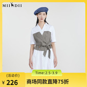 谜底收腰拼接连衣裙女2023春季 231ML0107 翻领中长裙短袖 新款 时尚