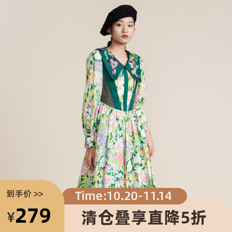 MIIDII谜底2022春秋宫廷复古彼德潘领纯棉收腰连衣裙女221ML0185