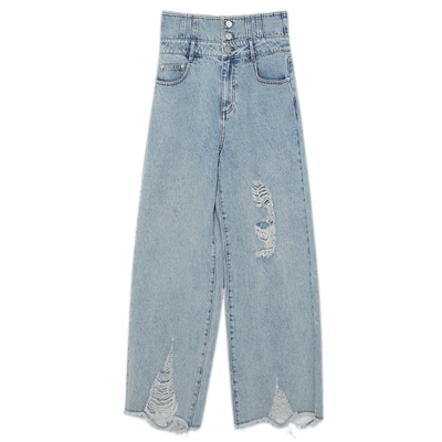 谜底复古高腰阔腿破洞牛