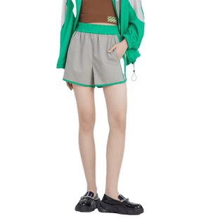 谜底复古休闲短裤女2023夏款松紧腰格纹拼接宽松阔腿裤232MK0611