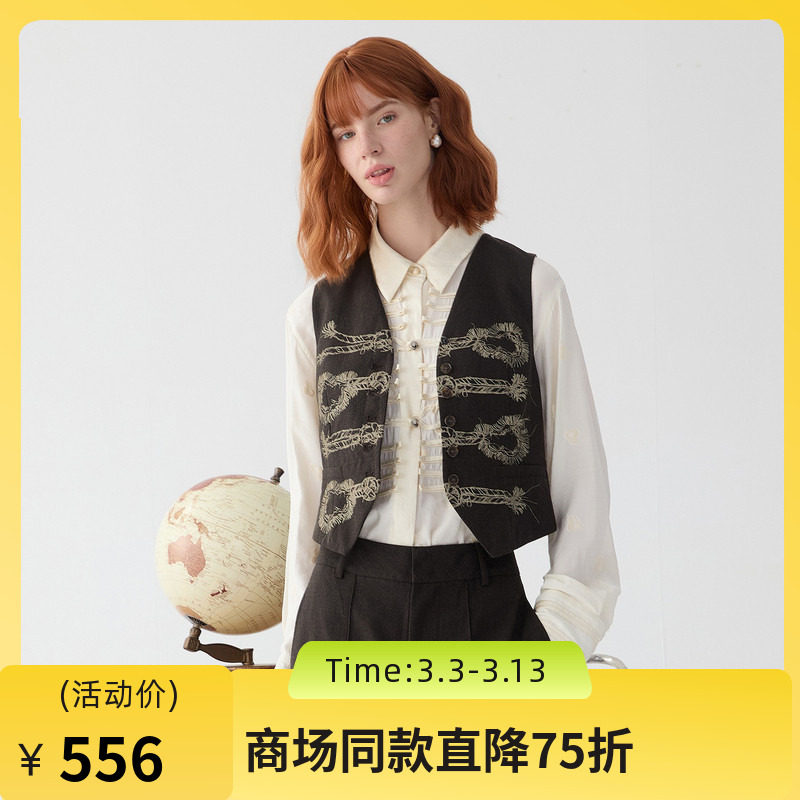 谜底西装马甲女2025春新品复古手绘绳结扣印花修身马夹251MM0079