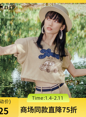 谜底短款上衣女2024夏季新品复古绣花圆领泡泡袖T恤短袖242MS0595