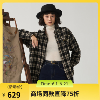 谜底黑白格子衬衫长袖女2024冬季新品宽松羊毛混纺衬衣244GC1484