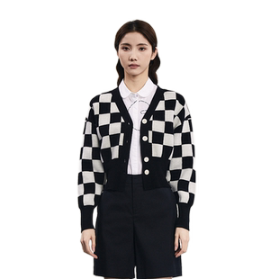 谜底短款针织开衫女2023冬款复古文艺棋盘格收腰羊毛衫239MZ7500