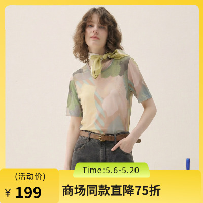 谜底网纱T恤短袖女2025秋季新款复古风圆领薄款修身上衣257MT7811