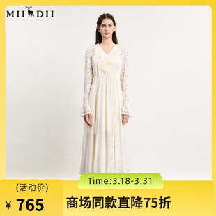 法式 新款 浪漫V领长裙241GL0119 女2024春季 谜底高端系列连衣裙长袖