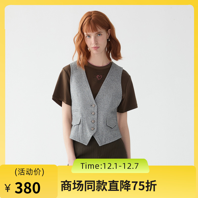 谜底西装马甲女2025秋季新款复古风V领修身高腰短款马夹257MM7727