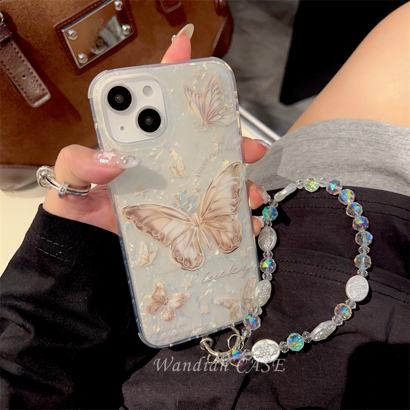 韩系贝壳纹蝴蝶带链条适用苹果16pro max手机壳iphone15新款双层13高级感小众12女款14promax防摔保护套创意