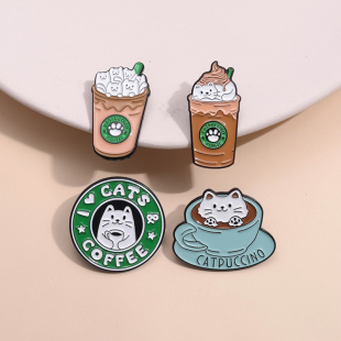 可爱猫咪咖啡胸针卡通宠物动物徽章外套背包扣针配饰欧美外贸跨境
