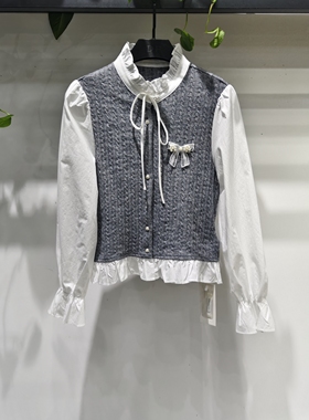 灰色假两件毛衣女春秋2026新款学院风荷叶边针织开衫外套短款上衣