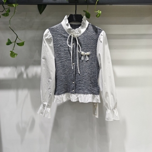 灰色假两件毛衣女春秋2026新款学院风荷叶边针织开衫外套短款上衣