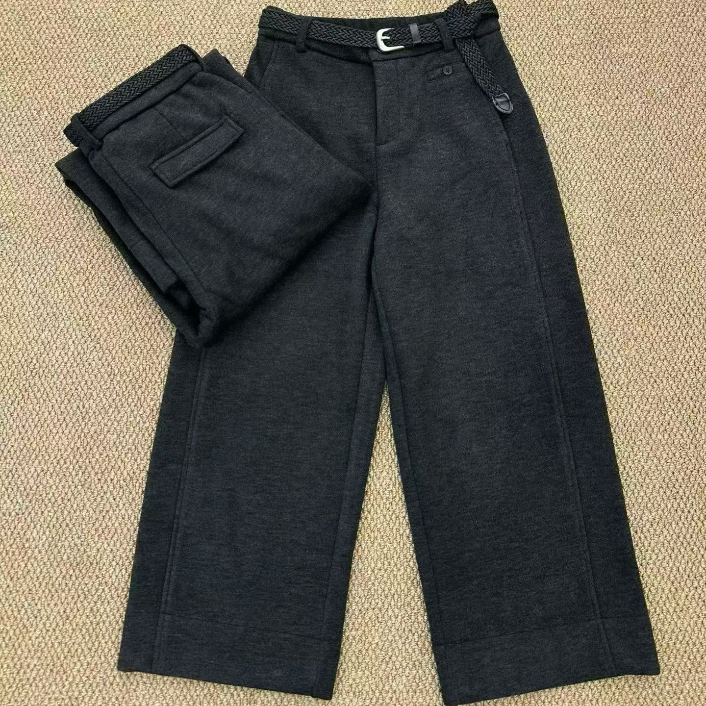 灰色九分毛呢直筒阔腿裤女冬季新款小个子加绒宽松休闲西装羊毛裤