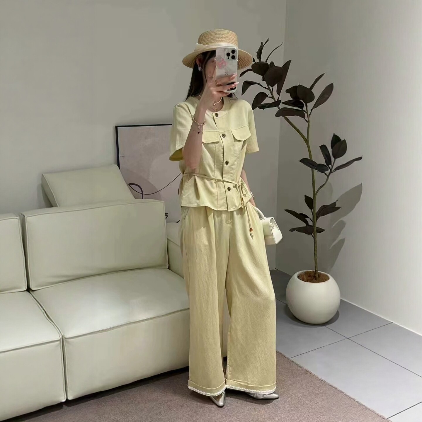 两件套百搭圆领纽扣长裤夏季时尚